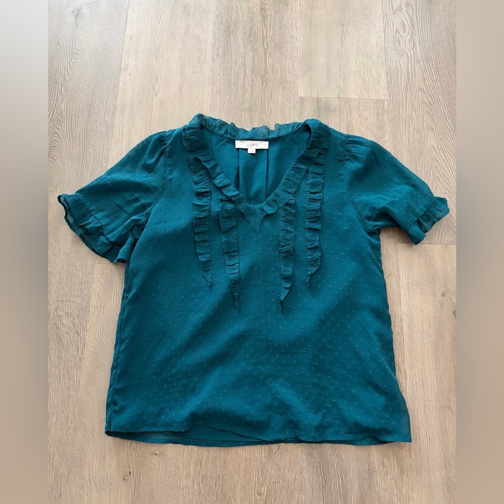 LOFT Teal Ruffle V-Neck Short Sleeve Blouse